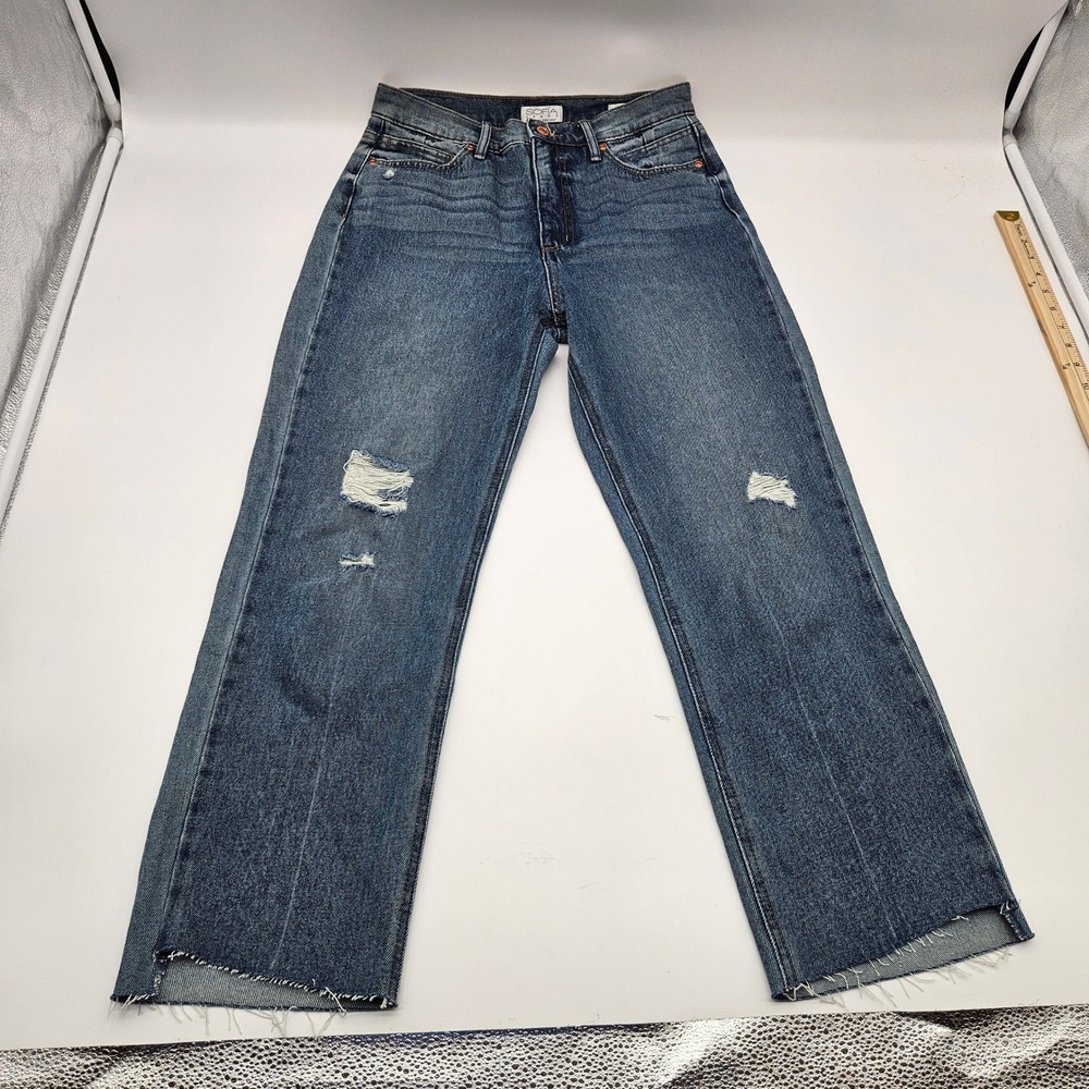 Sofia Jeans Paloma Slim Straight Distressed Raw Step Hem Blue Denim Womens 4